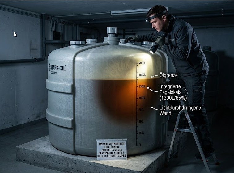 Taschenlampenmethode: Eine Person leuchtet mit einer Taschenlampe gegen die transparente Tankwand eines STARK-OIL-Tanks. Das Öl im Inneren wird sichtbar und der Füllstand kann an der integrierten Pegelskala (z. B. 1300 L / 65 %) direkt abgelesen werden.